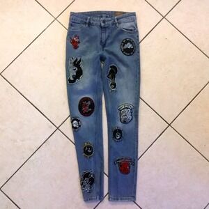 ASOS Mens Light Wash Slim Fit Patchwork Jeans Blue Punk Biker Graphic Patches 29